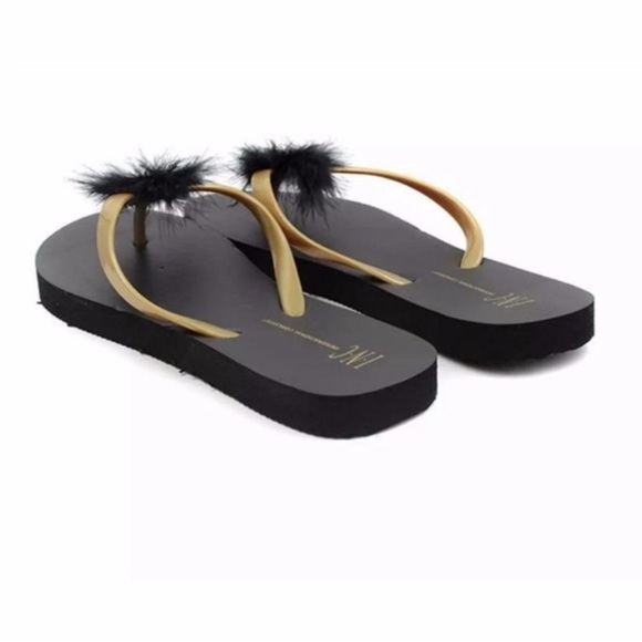 NWT INC Pom Pom Flip Flops - Sandals Black Gold - NWT - Picture 2 of 3